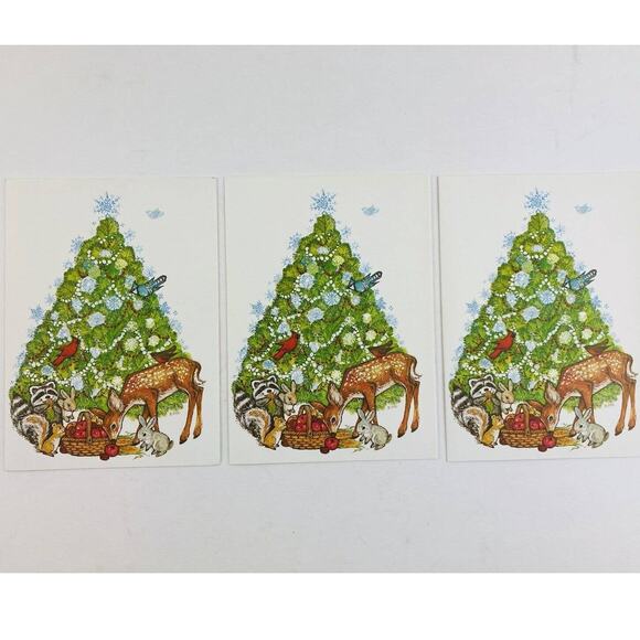 3 Vintage Christmas Tree Cards Current Inc Woodland Deer Bunny Apples Cardinal - Picture 1 of 8